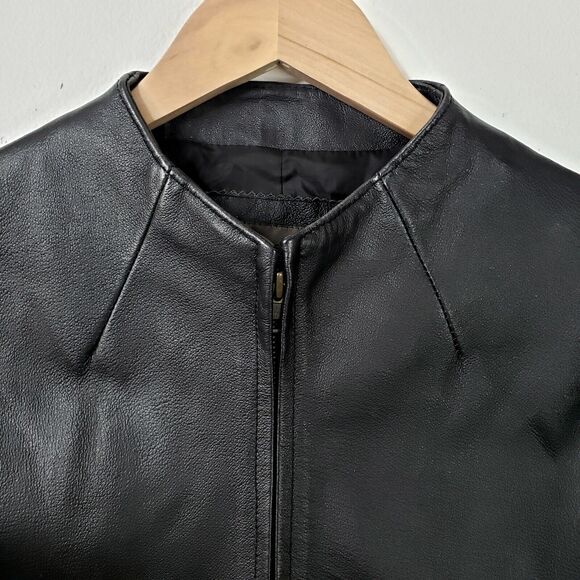 90s Y2K Black Leather Racing Women Jacket 12 L Modern Sleek Minimalist Classic - Picture 2 of 8